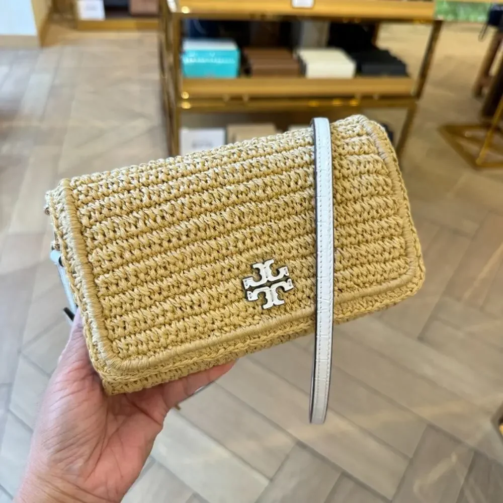 Tory Burch Thea Raffia Flat Wallet Crossbody 180152 Raffia / Ice Crystal $525 - Picture 2 of 9